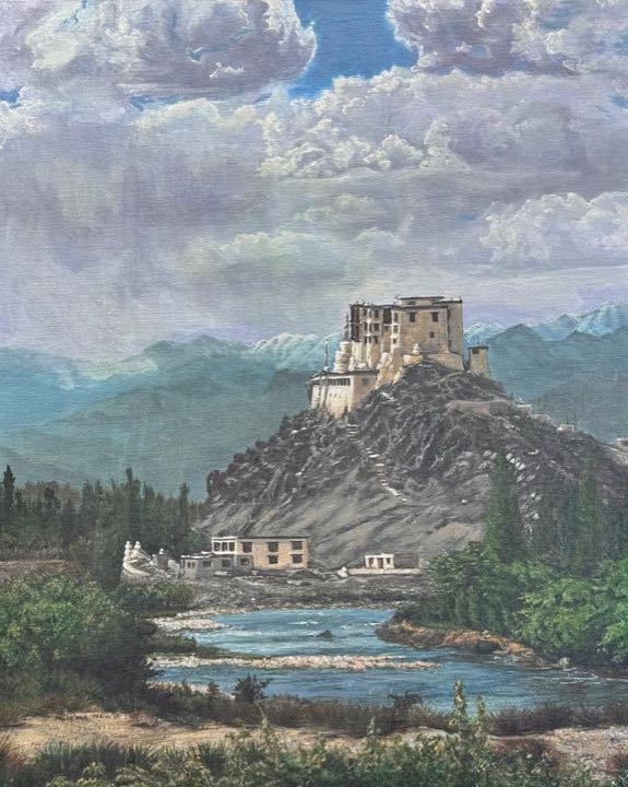 Painting of a whitewashed monastery in Ladakh on a rocky hill above a blue river, with snow peaks and towering clouds